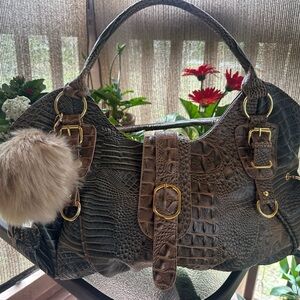 Brown Croc-Pattern Shoulder Bag with Gold Hardware
